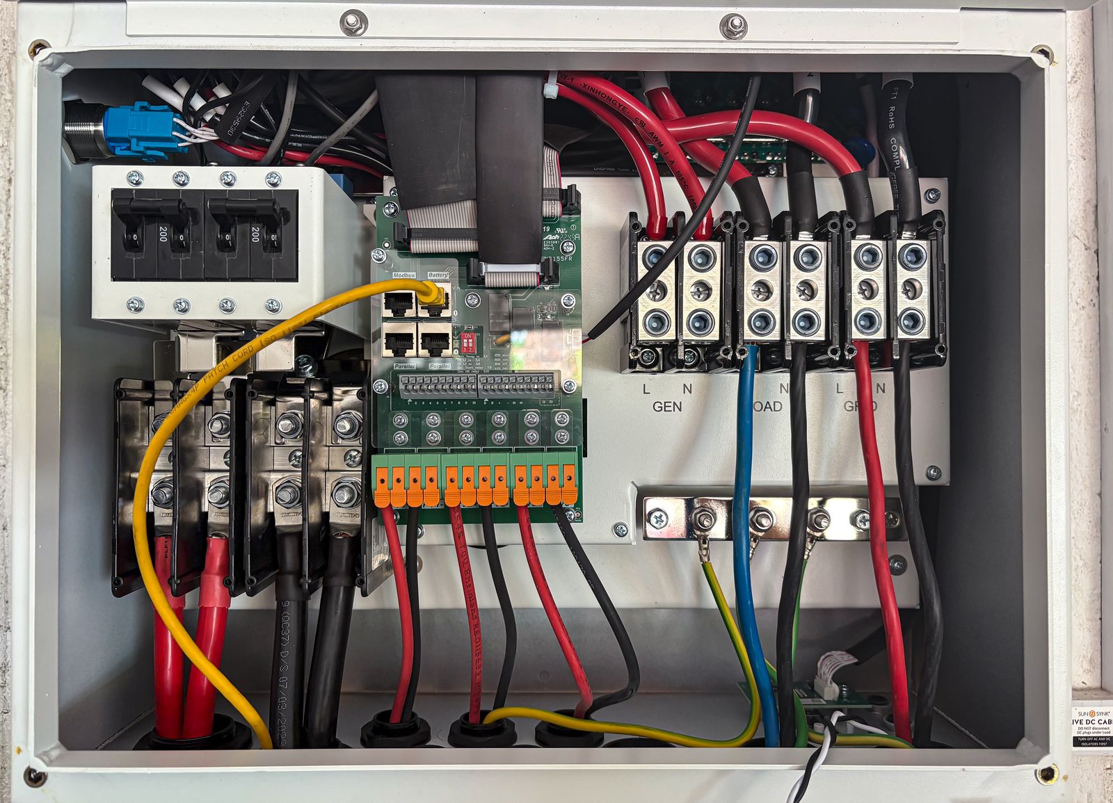Open drive panel enclosure with power terminals and heavy cabling